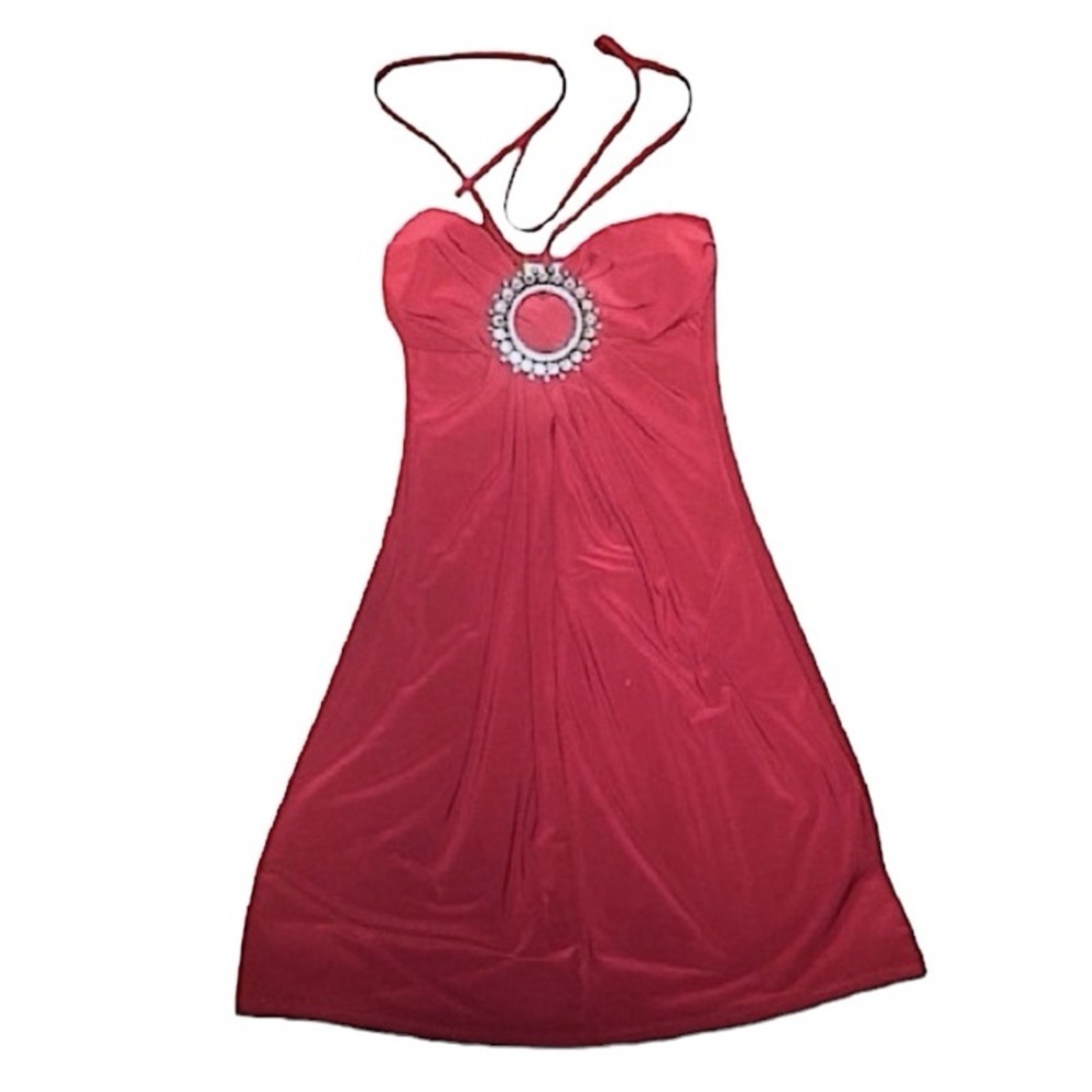 C. Graffiti Burgundy Maroon Red Halter Dress Crystal Brooch Women’s Small
